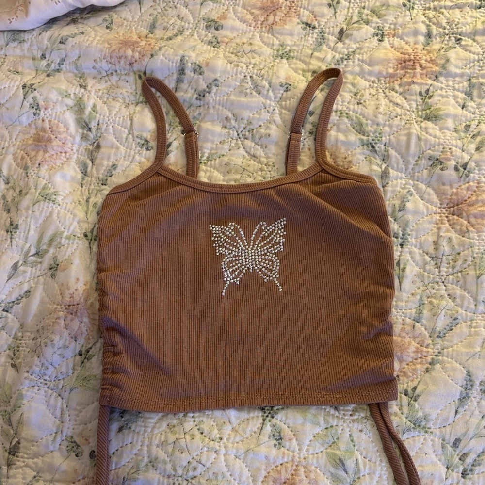 Full Tilt Brown Rhinestone Butterfly Crop Top